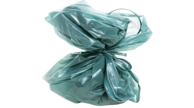 Tied plastic bag floating on transparent background