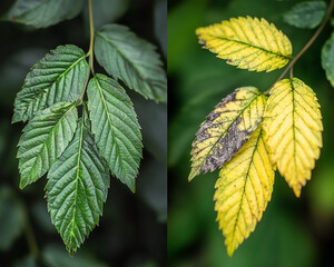 Side-by-Side Comparison of Healthy Green Leaves and Damaged Yellow Leaves with Disease