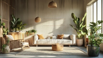 Stylish Modern Home Interior with Sustainable Design Elements, Featuring Natural Light, Indoor Plants, and Cozy Textures