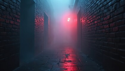 Mysterious foggy corridor with dim red, blue lights creating suspenseful atmosphere for horror themes, film settings, storytelling projects. Dark hallway with wet dirty floor and brick walls.