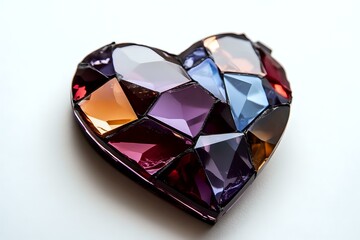 Mosaic heart made of colorful glass fragments in purple, blue, red and amber tones creates romantic decoration on white background, suitable for Valentine's designs.