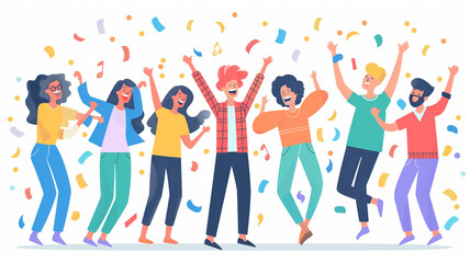 This Group of friends enjoying a vibrant party filled with joy, dancing, and colorful confetti.