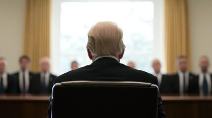 President Exercising Power to Veto in Government Meeting with Advisors in Oval Office Setting