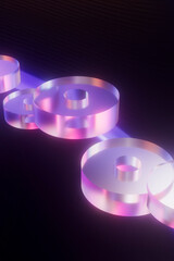  3D render of transparent glowing discs with purple reflections