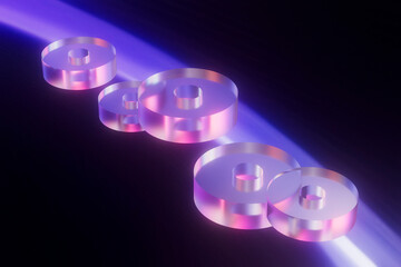  3D render of glowing transparent discs with purple and pink light