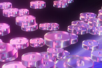  3D render of floating glowing transparent discs in a futuristic setting