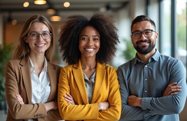 Three diverse business people stand together in office. Multiethnic group of pro coworkers smile. Successful team demonstrates collaboration. Modern startup thrives with happy diverse staff, friendly