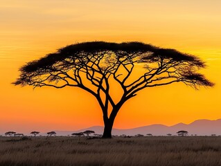 Obraz premium Majestic acacia tree silhouetted against vibrant sunset serengeti national park nature photography tranquil landscape