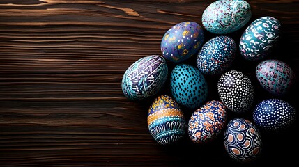Colorfully decorated Easter eggs with intricate patterns in blue, turquoise and pink tones arranged on dark wooden background. Traditional holiday celebration art.