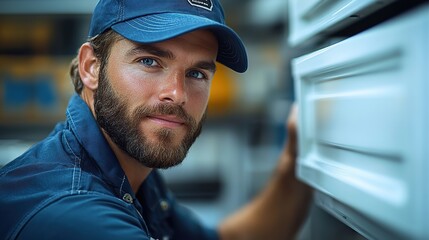 Custom furniture specialist attaches white door to cabinet in customer's house, uniform worker in carpentry industry.