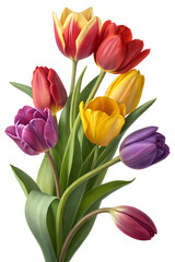Obraz premium Vibrant Tulip Bouquet – Realistic Floral Illustration with Red, Yellow, and Purple Blooms