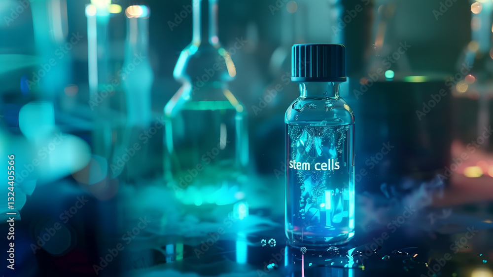 Poster this colorful laboratory equipment focuses on a vial labeled with stem cells for regenerative studie