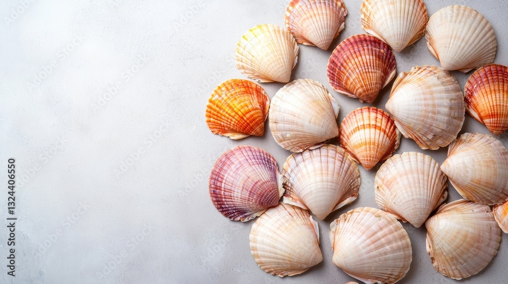 Poster detailed image of colorful seashells arranged in a circular pattern on a light background for creati