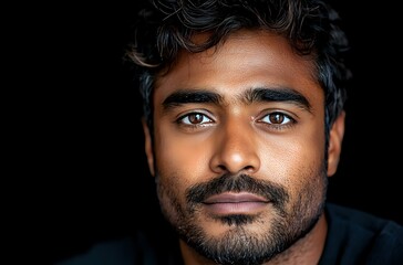 Obraz premium Close up portrait of young South Asian man with dark curly hair and beard against black background showing confident gentle smile and warm expression.