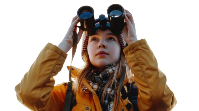 Young hiker exploring using binoculars with transparent background