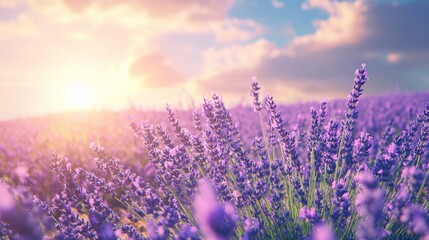 Naklejka premium Lavender flowers growing in a field during a beautiful sunset, creating a warm golden light