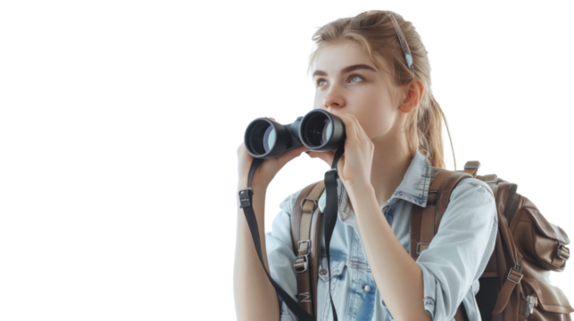 Young hiker exploring with binoculars on transparent background