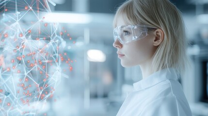 Young Female Scientist Performing Experiment in Modern Laboratory Focusing on 3D Molecular Structure Visualization