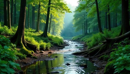 Obraz premium River Cybina valley covered with fallen trees and plants, overgrowth, forest, nature