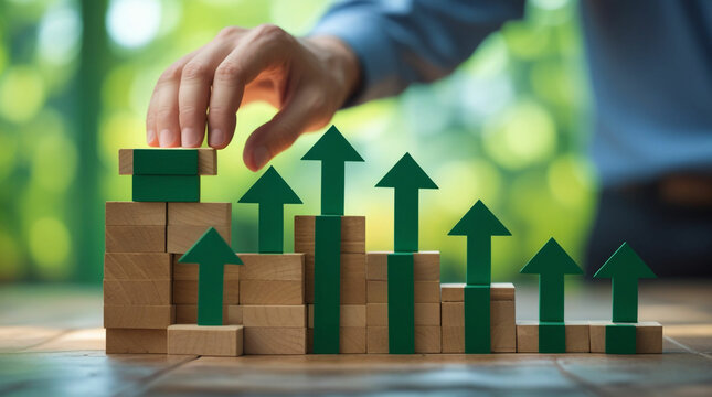 A close-up of a hand carefully placing a wooden block on top of a structured stack of blocks, each adorned with bold green upward-pointing arrows