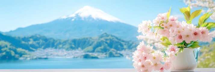 Cherry blossoms in full bloom with majestic Mount Fuji in background, serene nature blends Japanese tradition and seasonal beauty, evoking harmony and peaceful springtime atmosphere.