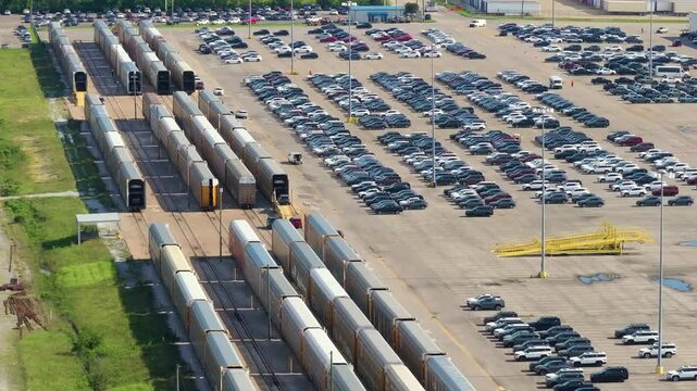 New cars loading on cargo train hauler for worldwide export on automotive factory parking lot. Dealer vehicle inventory business commercial.