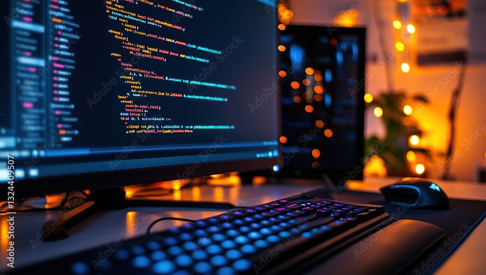 Wall mural an eye-catching image of a computer screen displaying code, with a keyboard, mouse