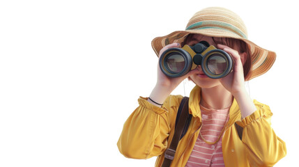Young explorer observing with binoculars on transparent background