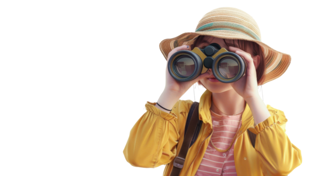 Young explorer observing with binoculars on transparent background