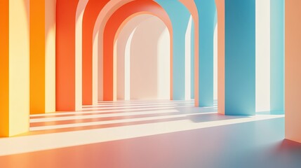 Fototapeta premium Inside, an arched door frames a hallway of vivid red and blue, enhanced by the glow of sunlight
