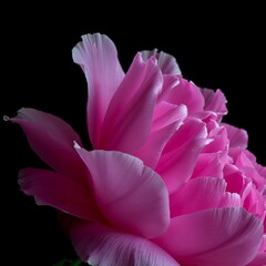 Obraz premium pink peony flower with soft petals and water droplets, black background