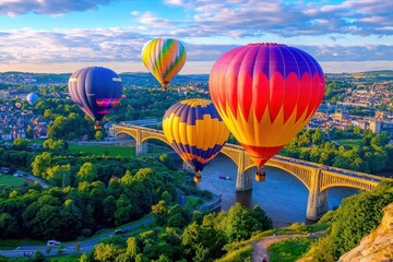 Fototapeta premium A vibrant panorama of the hot air balloon festival highlighting the city's landmarks.