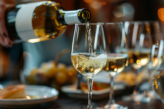 wine tasting event, a sommelier gracefully pours chardonnay, the rich scent of aged wine filling the air, wine lovers cheerfully sharing tales on national wine day
