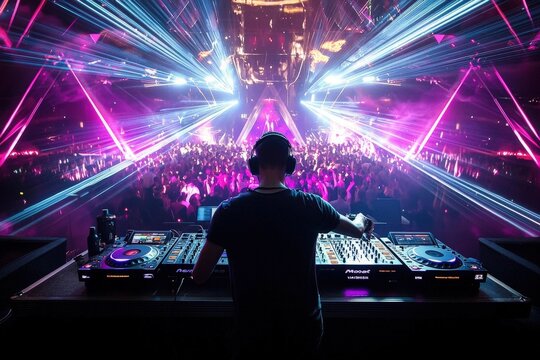 The energetic DJ mixes tracks live, delivering an unforgettable experience under colorful lasers. - Powered by Adobe