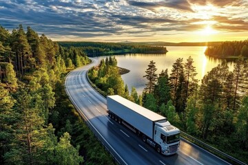 Scenic aerial shot of a truck traveling through a forest at sunset.