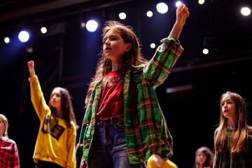 A lively school play rehearsal featuring a group of costume-clad students.
