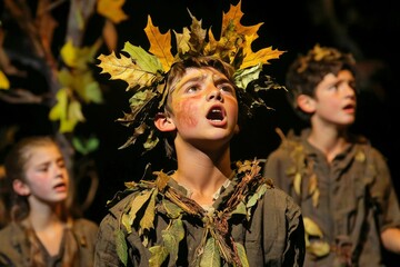 Student dressed in creative costume embodying a character in a school play.