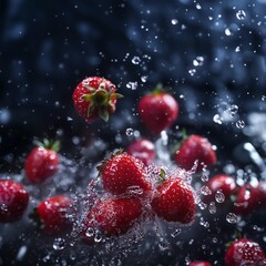 Vibrant Mixed Berries Wrapped in Water Wave on Dark Background. 