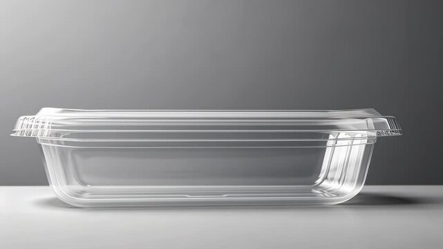 Transparent plastic container rotating against gray background in minimalist setting