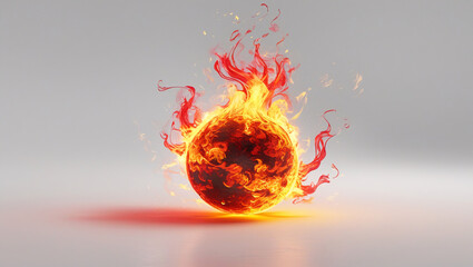 The image features a fiery sphere with vivid red and orange flames swirling around it. 