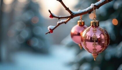 Ornate rose gold ornaments hanging from bare winter branches, holly, bare branches, roses gold ornaments