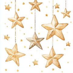 Obraz premium Golden Watercolor Stars Hanging on White Background