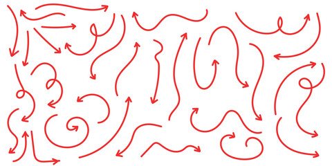 Arrow vector red hand drawn sketch icon set. Doodle sketch drawn red direction element set. Pencil doodle line graphic design elements.
