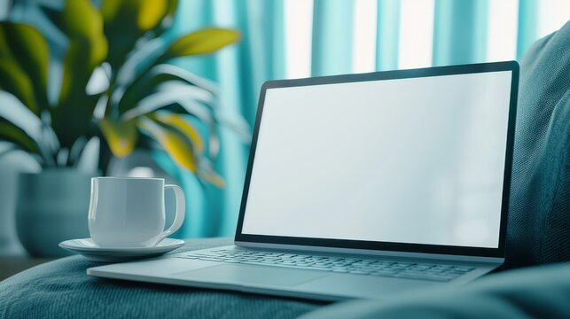 Cozy home office setup, laptop and coffee on couch for remote work relaxation