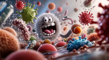 Bright, happy, stylish, cool unpredictable colorful viruses in funny situations.