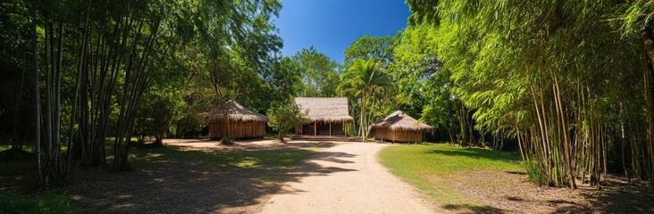 A serene pathway leads to rustic structures surrounded by lush greenery under a clear blue sky.