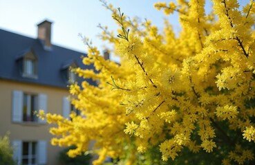 Close-up of mimosa tree branch with yellow flowers in Brittany France with building on background. Spring blossom bloom. Warm sunny day. Rural scene. Beauty in nature.