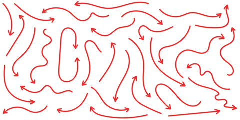 Hand drawn thin line arrows set. Arrow icon. Doodle arrow. Collection different arrows sign. Many vector curvy and wavy arrows. Red hand drawn doodle arrow set .