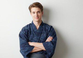 A white man wearing a yukata with his arms crossed- traditional attire
