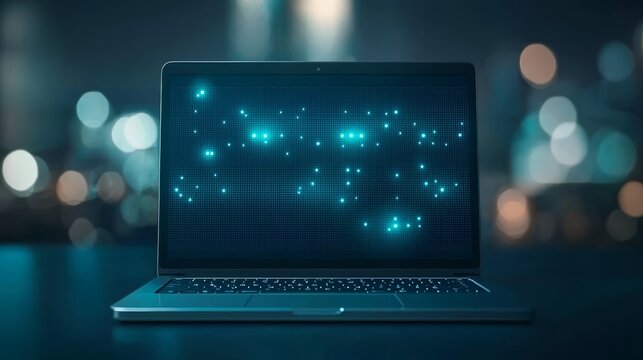 Glowing laptop screen illuminating data analysis in a dark room, tech background
